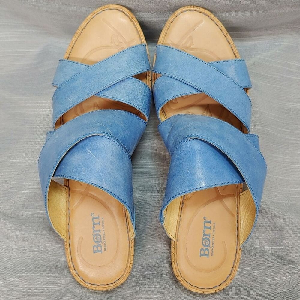 Born Cork Wedges Celeste Sandals Blue Leather Womens 11 Shoes